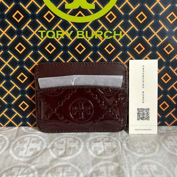 Tory Burch T Monogram Embossed Patent Leather Card Case Wallet Albarossa - Picture 1 of 8